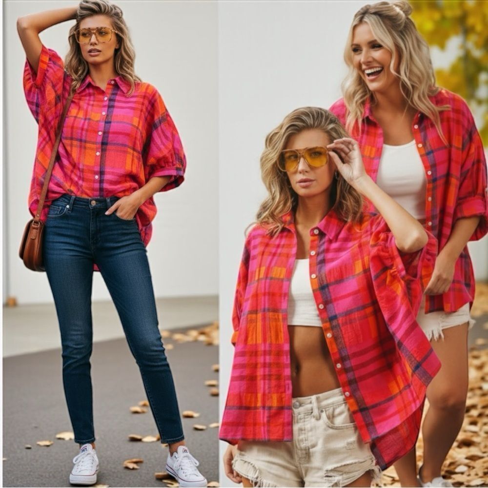 BiBi Fuchsia Pink & Orange Button Up Dolman Sleeve Plaid Shirt NWT